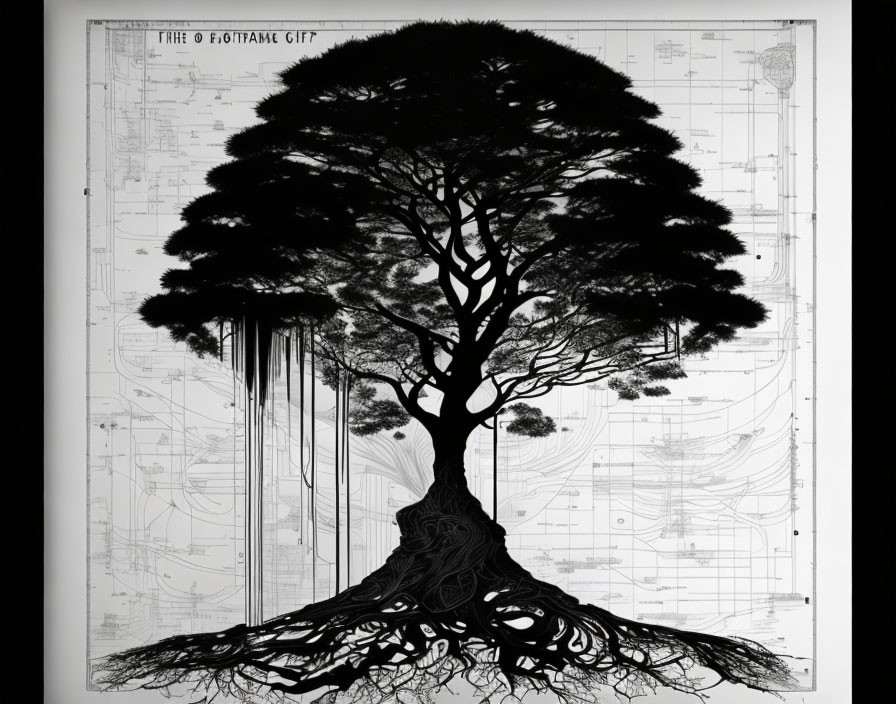 Detailed Black & White Tree Art on Blueprint Background