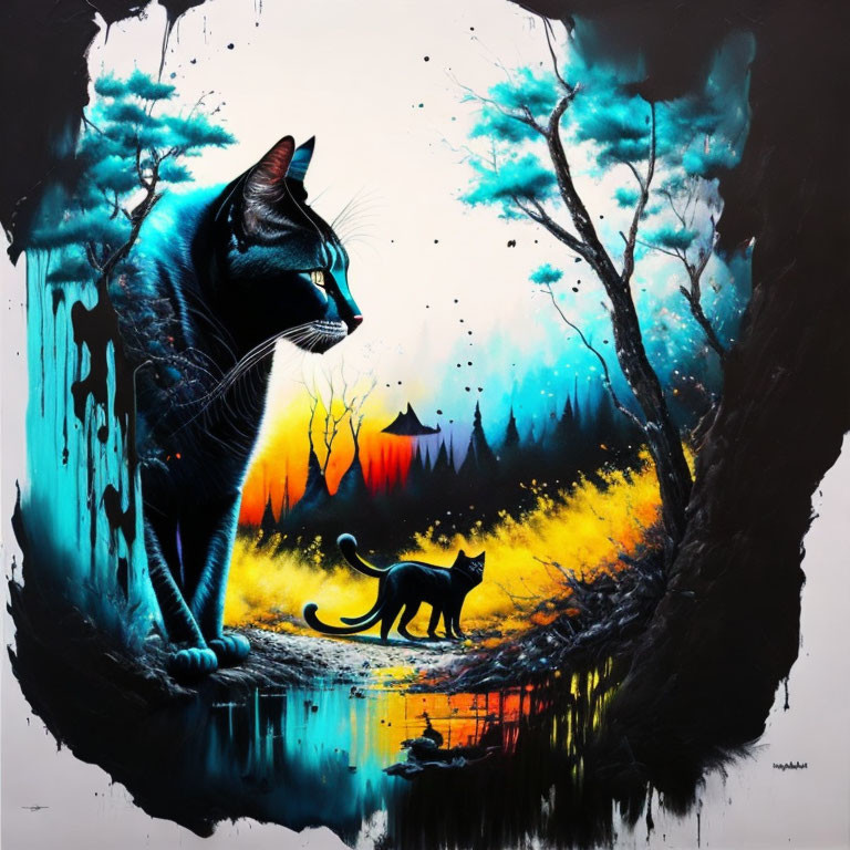 Detailed black cat against mystical backdrop with smaller cat silhouette, vibrant trees, and fiery landscape