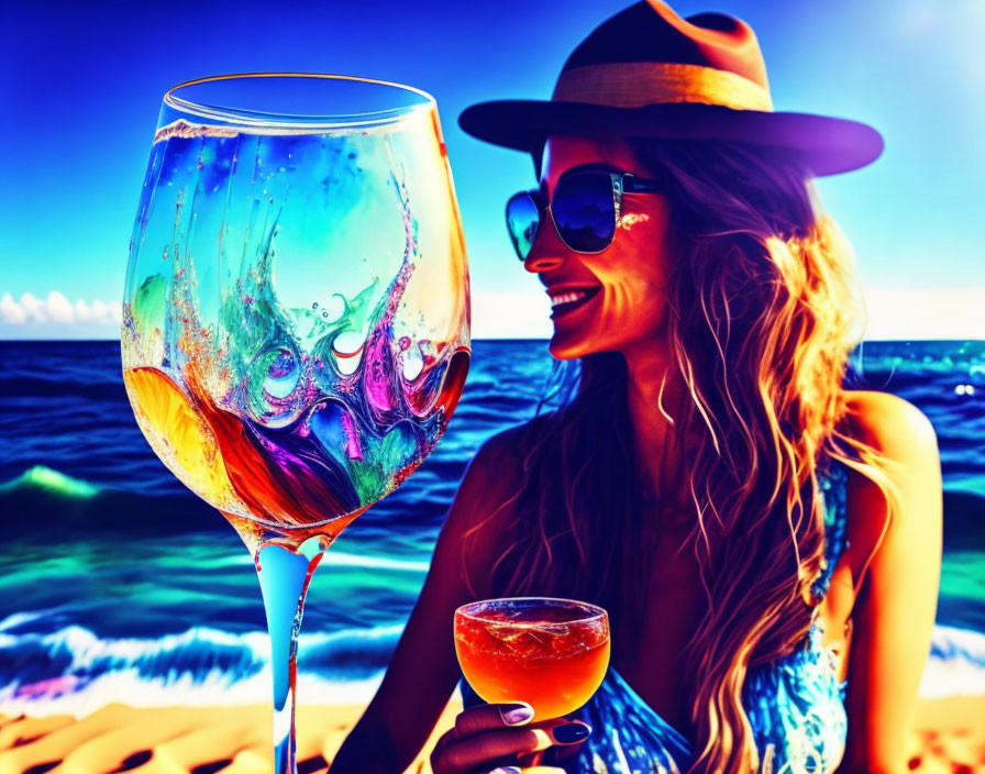 Woman in Sunglasses Smiling on Sunny Beach with Drink