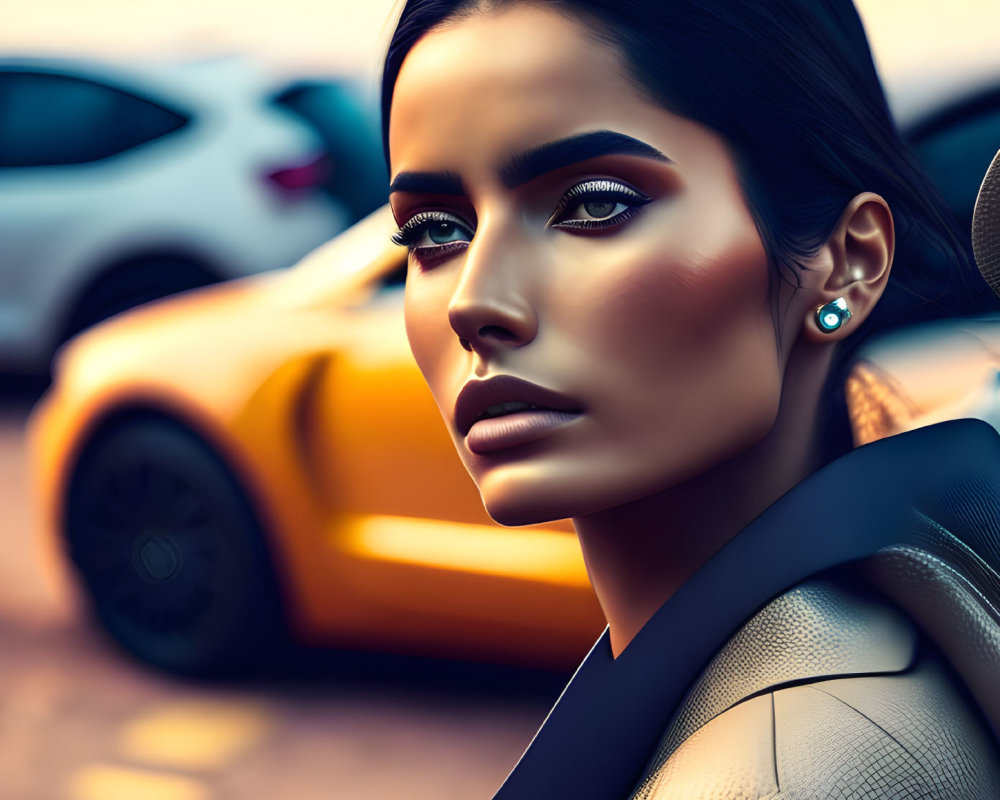 Digital Artwork: Woman with Striking Makeup and Sports Car in Background