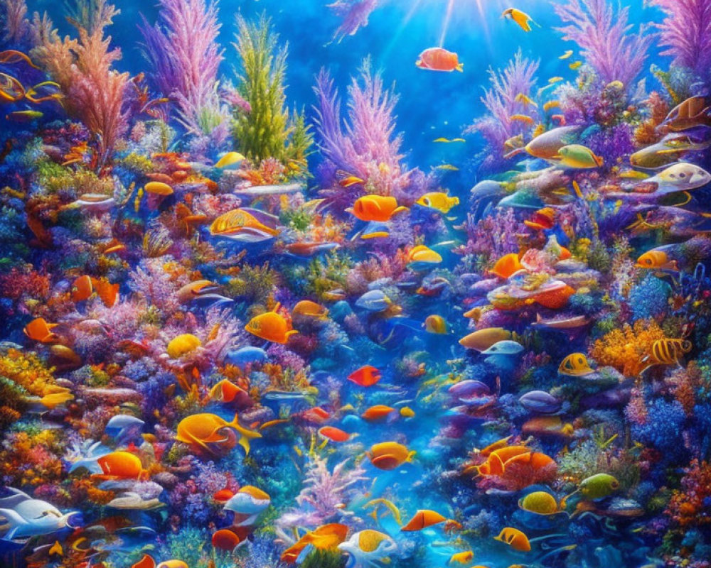 Colorful Fish and Coral Reefs in Sunlit Underwater Scene