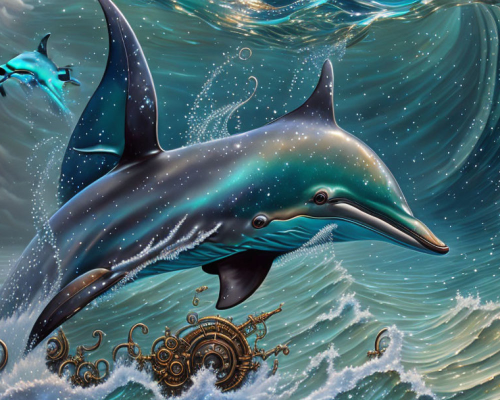 Fantastical dolphin illustration with starry sky pattern, swimming with smaller dolphins in swirling ocean waves and