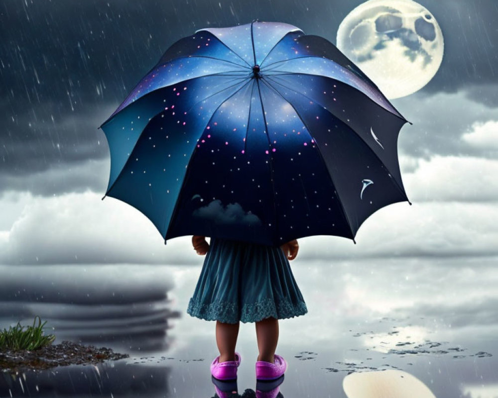 Child under starry umbrella with moon, rain, puddles, pink boots