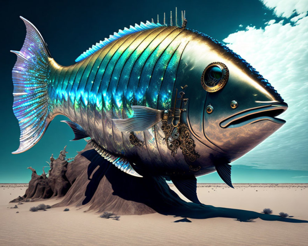 Giant mechanical fish on desert landscape with intricate gears