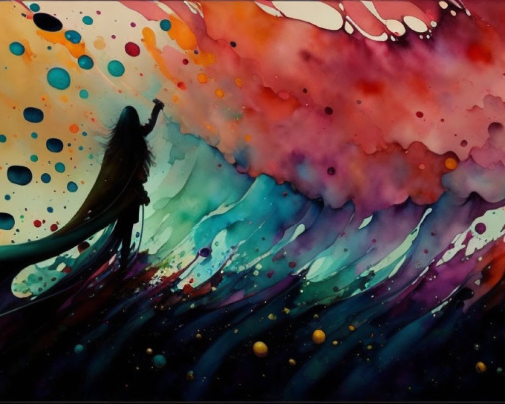 Colorful paint splashes surround silhouette in vibrant artwork