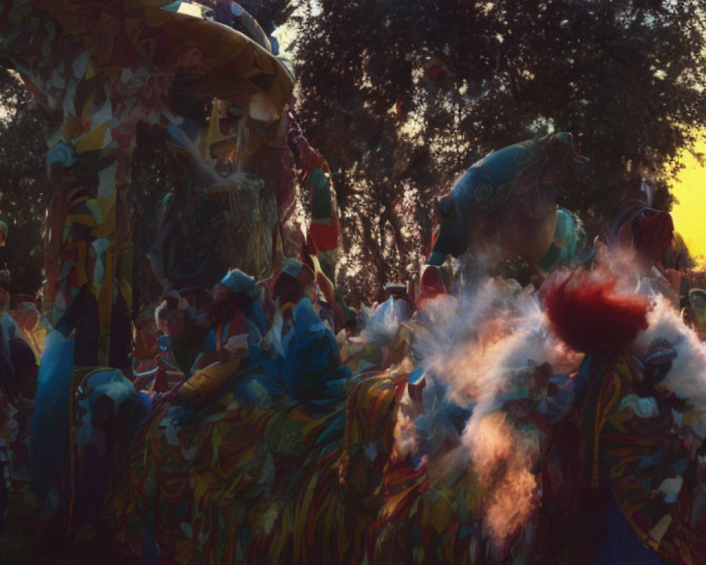 Vibrant sunset parade with festive floats and costumed figures.