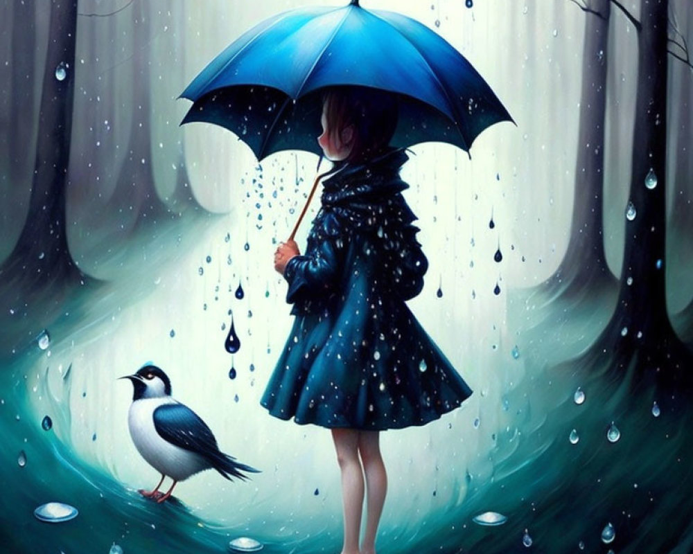 Child with blue umbrella in rainy forest scene.