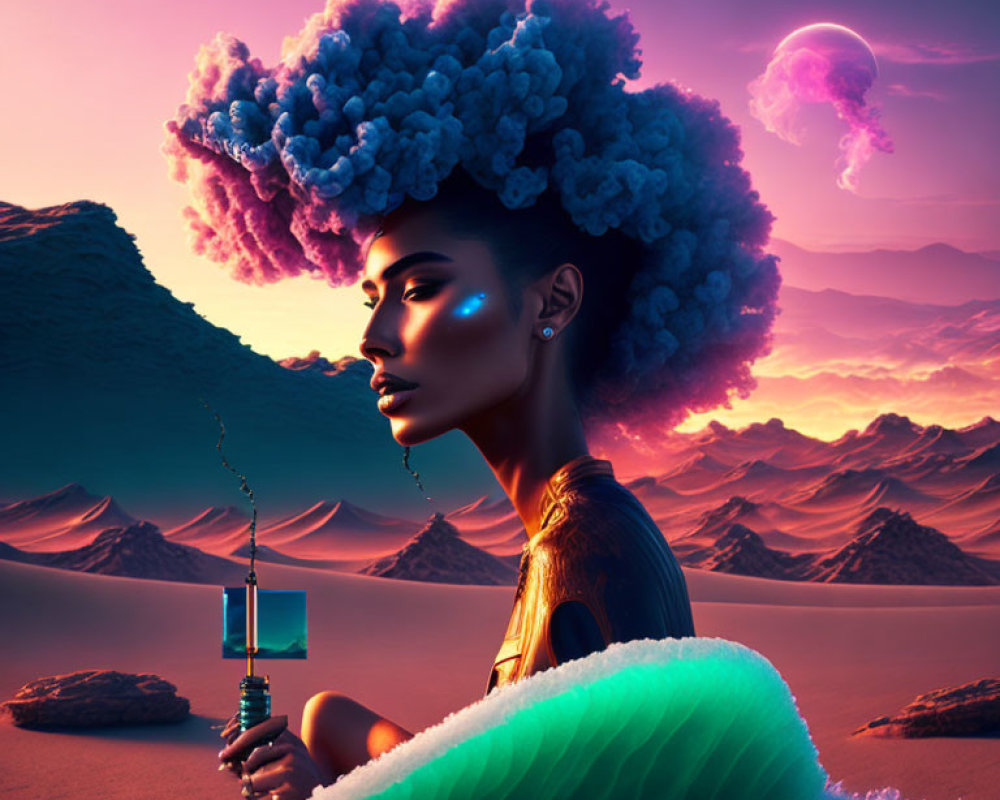 Surreal portrait: Woman with cloud hairstyle, desert landscape, purple sky, large moon