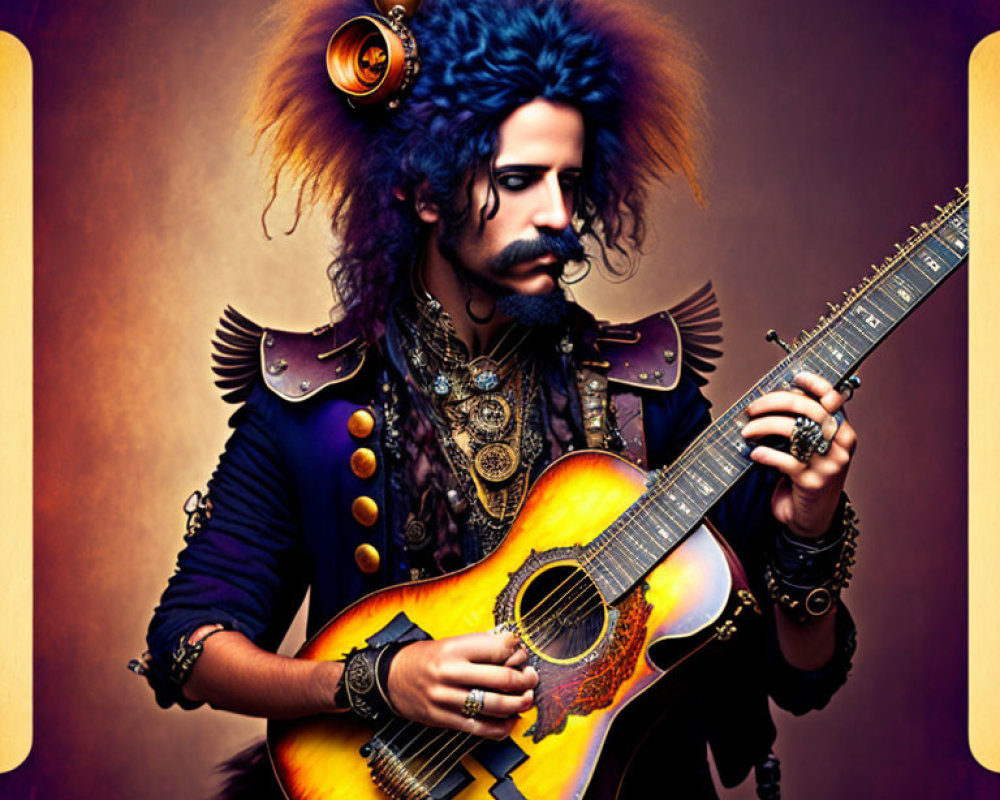 Person in Dramatic Makeup and Ornate Costume with Guitar and Jewelry on Colorful Background