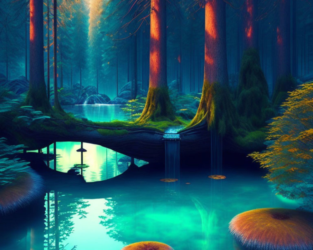 Ethereal forest scene with vibrant blue hues and glowing mushrooms