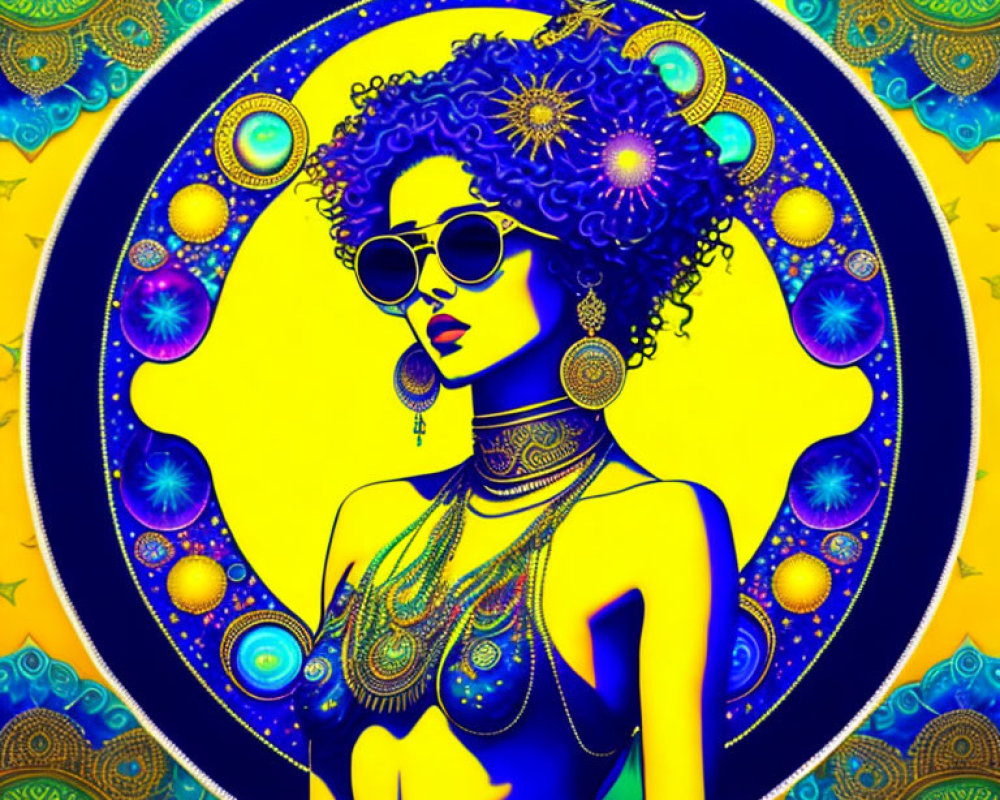 Colorful digital portrait of a woman with curly hair and sunglasses in psychedelic celestial theme