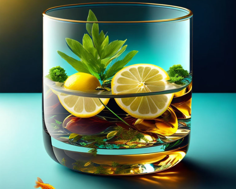 Goldfish swimming in decorated glass of water with lemon slices and greenery