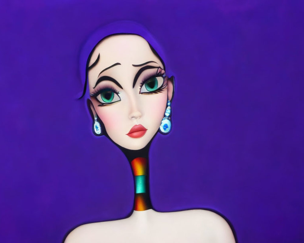 Stylized female figure with expressive eyes and colorful neck on purple background