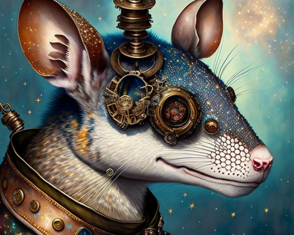 Steampunk-style mouse with mechanical gears and devices on head in starry background