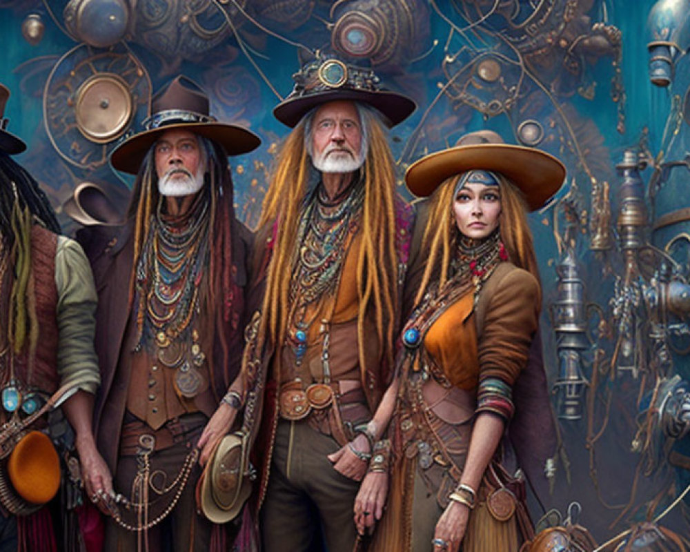 Group of four individuals in steampunk attire with hats and goggles against mechanical backdrop