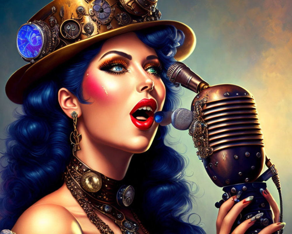 Vibrant blue-haired woman in steampunk attire with antique microphone