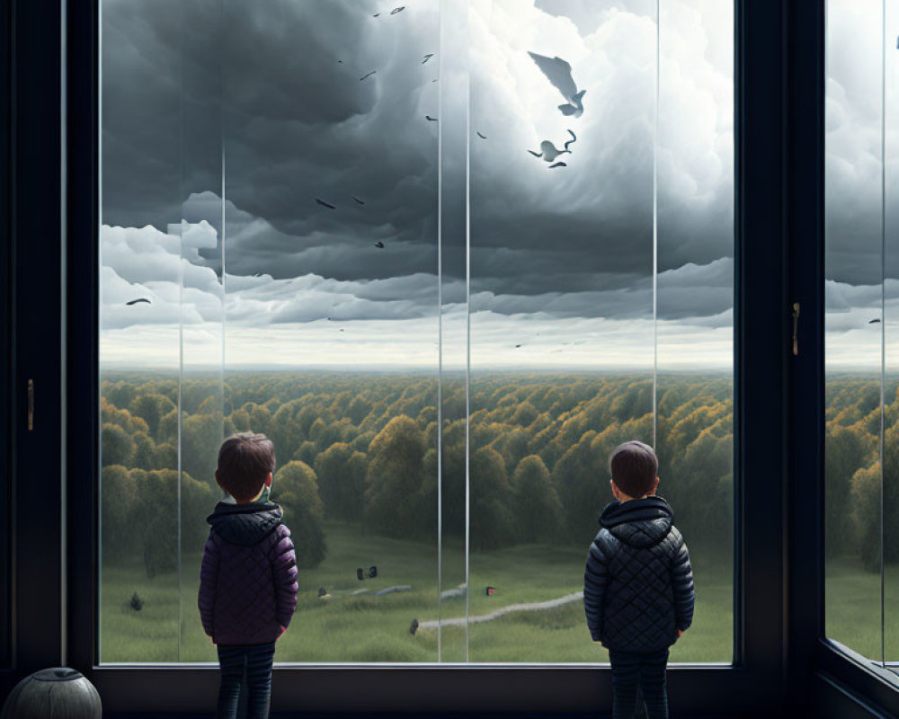 Children looking out window at stormy sky over lush forest with birds.