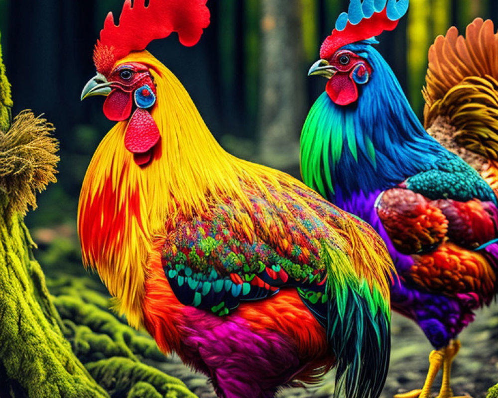 Vividly colored roosters with rainbow feathers in moss-covered woodland