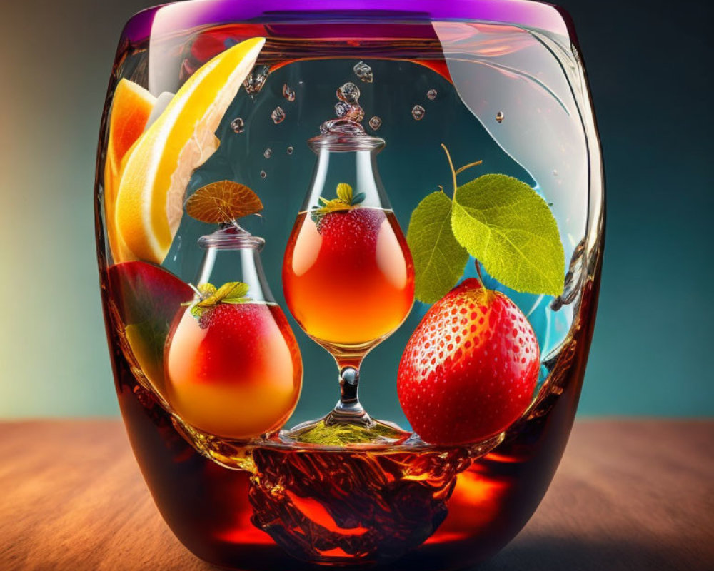 Vibrant Conceptual Glass with Fruit and Beverages in Liquid Swirl