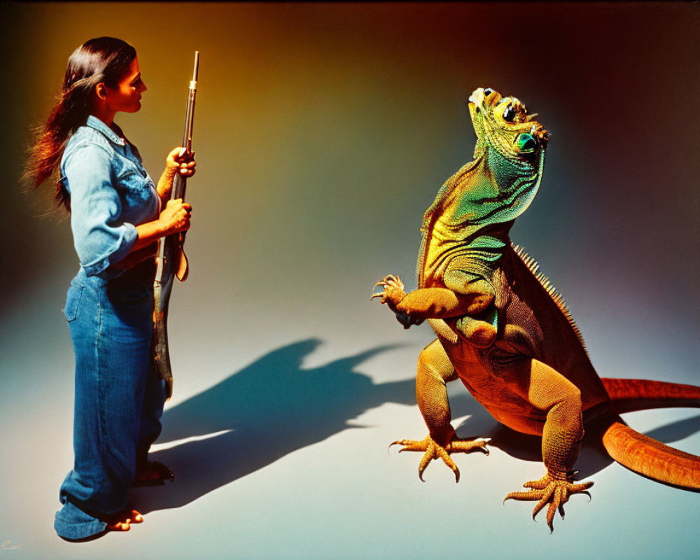 Woman in denim overalls with rifle faces giant iguana on leash against gradient backdrop