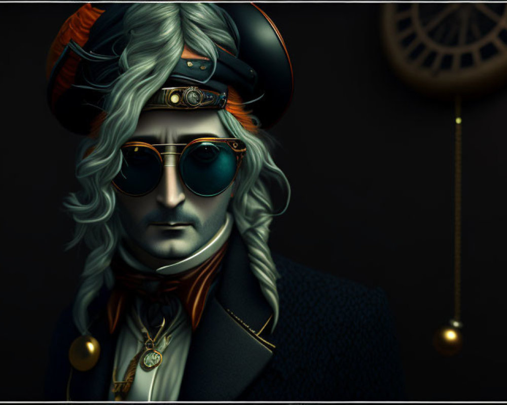 Digital portrait of male figure with white hair, pirate hat, aviator sunglasses, ship model, and