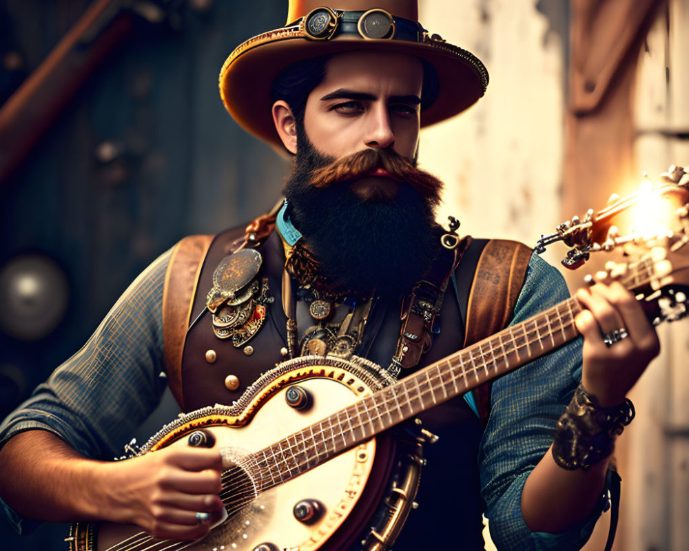 Steampunk-themed man playing banjo with top hat and goggles