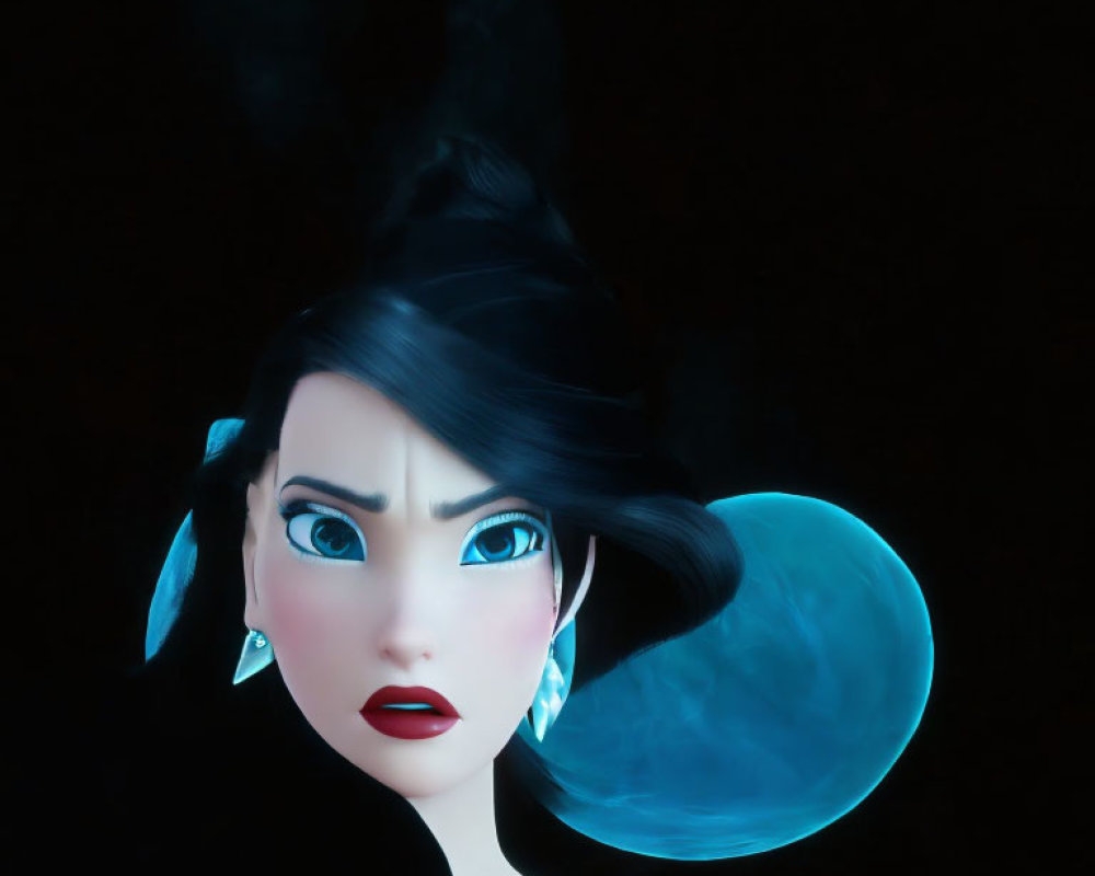 Stylized animated female character with pale blue skin and dark hair against moonlit background