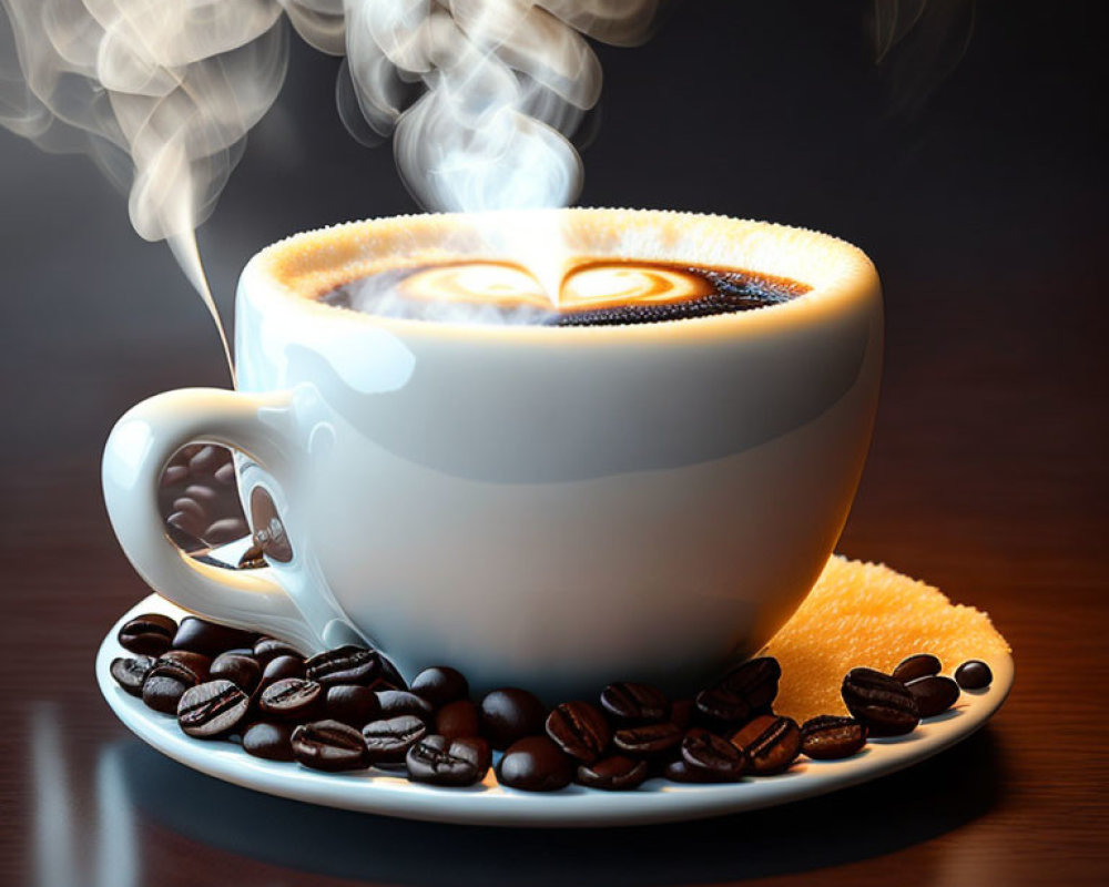 Heart-shaped design in crema with coffee beans and sugar packet on saucer