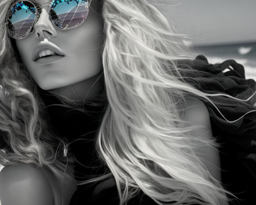 Monochrome portrait of a woman with flowing hair in round reflective sunglasses.