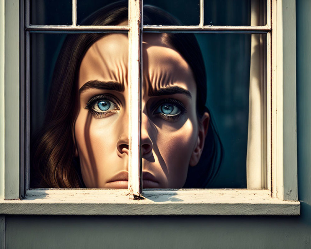 Woman's face split by window frame, eyes reflecting longing.