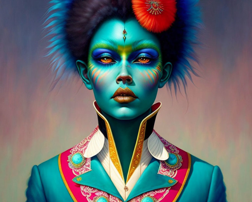 Vibrant portrait of a person with blue skin and intricate hairpiece