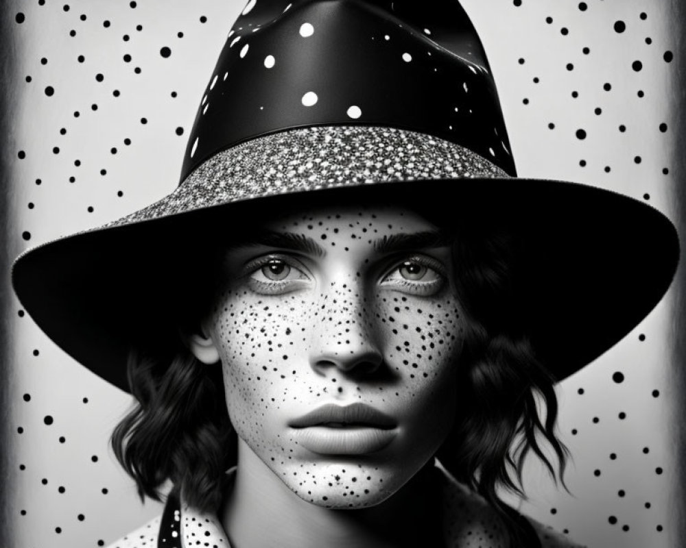 Monochrome portrait of a person with freckles and polka-dotted hat in seamless pattern.