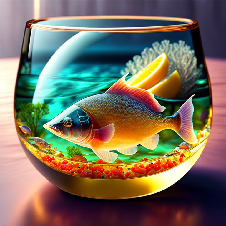 Colorful Fish in Glass Bowl with Lemon and Plant, Room Setting Background