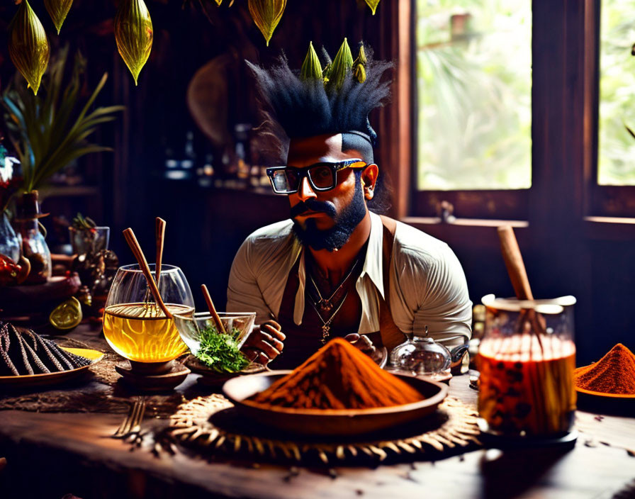 Man with Unique Mohawk Hairstyle at Table with Spices and Noodles