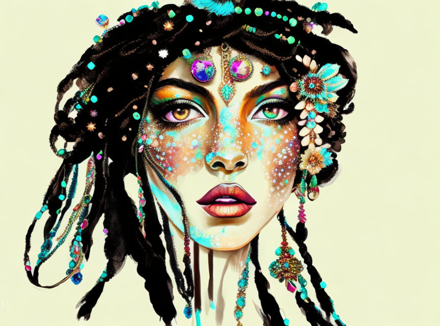 Vibrant illustration of woman with intricate beadwork and jewelry in hair