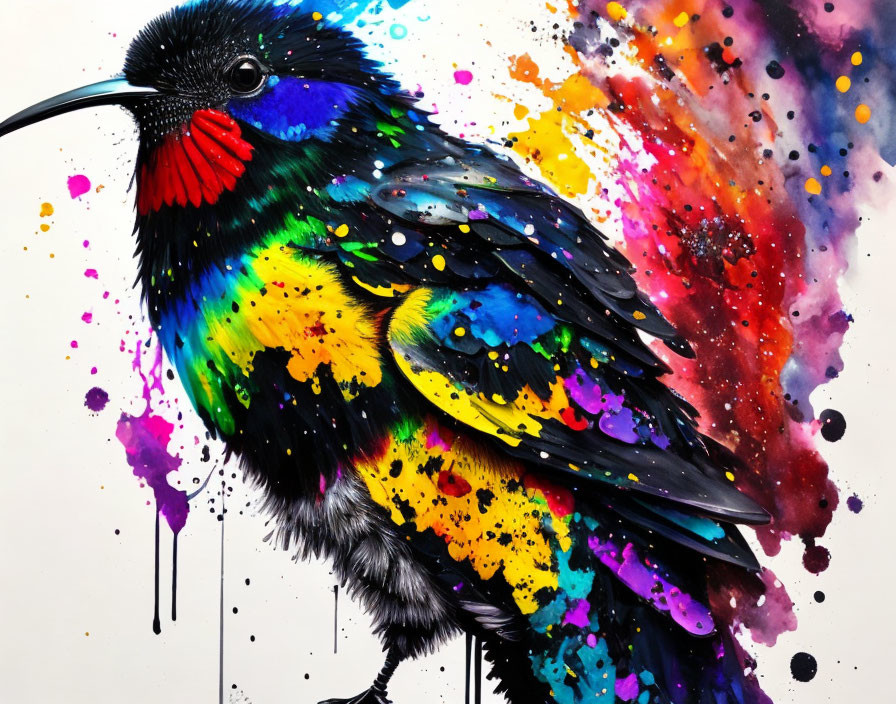 Colorful Hummingbird Painting with Splash-Ink Effect in Blue, Yellow, and Red