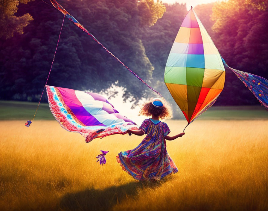 Child in colorful dress flying multicolored kite in sunlit field