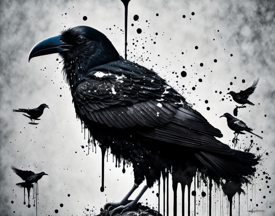 Monochromatic artwork: Large raven with dripping ink textures and smaller birds in misty setting