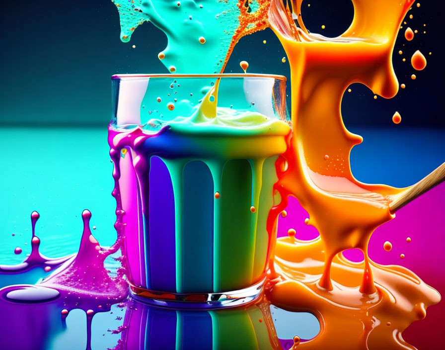 Multicolored paint splash around glass on glossy surface with paintbrush.