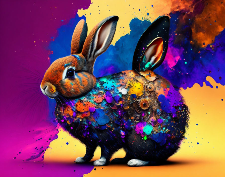 Colorful Bunny Digital Art with Mechanical Elements on Vivid Background