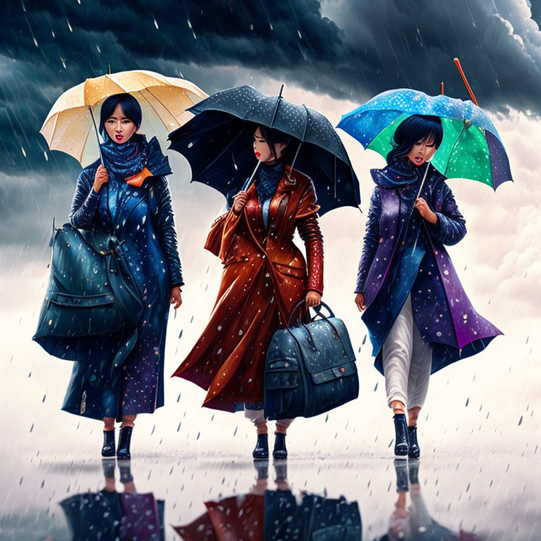 Stylish women with colorful umbrellas walking under dramatic sky