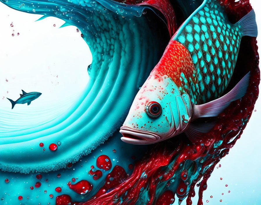 Colorful Fish Artwork with Red Spots and Blue Scales in Ocean Wave Background