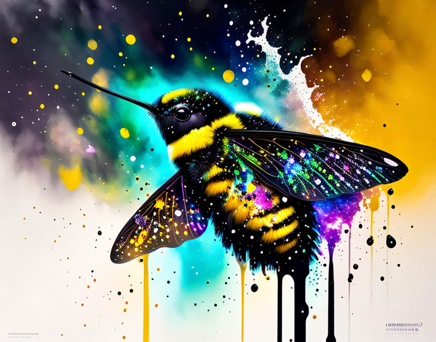 Colorful digital artwork: stylized bee with iridescent wings on splattered paint background