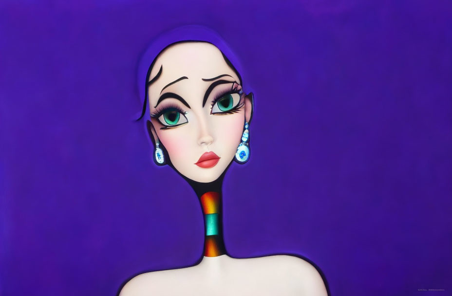 Stylized female figure with expressive eyes and colorful neck on purple background