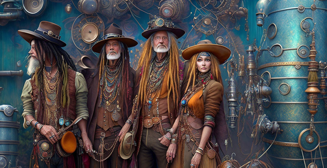 Group of four individuals in steampunk attire with hats and goggles against mechanical backdrop