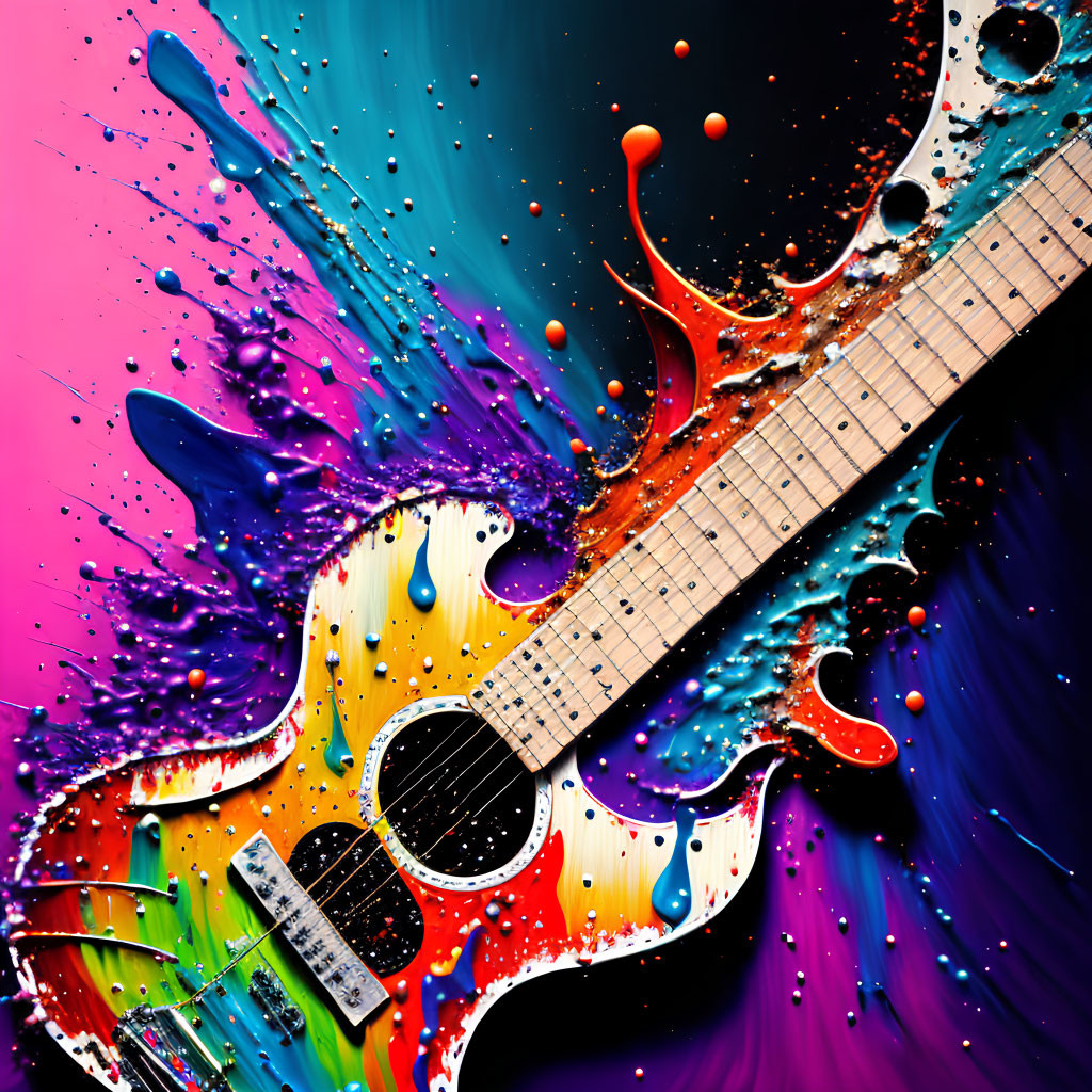 Colorful Guitar Painting on Multicolored Background