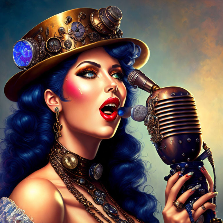 Vibrant blue-haired woman in steampunk attire with antique microphone