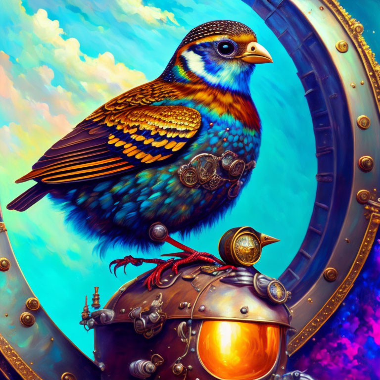 Steampunk-style mechanical bird on armored helmet with cloudy sky backdrop