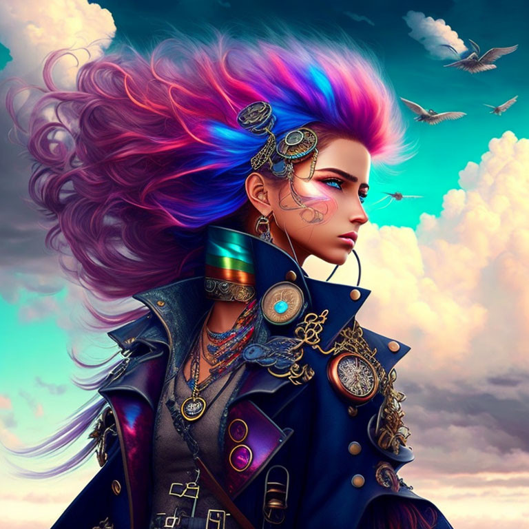 Colorful Digital Artwork: Person with Rainbow Hair and Steampunk Accessories against Bird-filled Sky