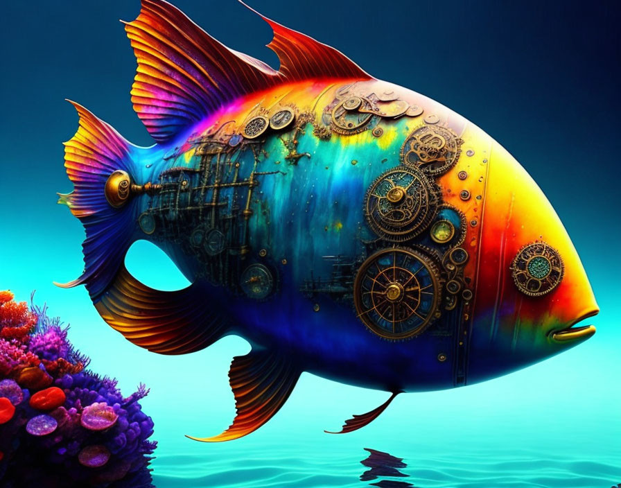 Colorful Steampunk Fish Swimming Near Coral on Blue Background